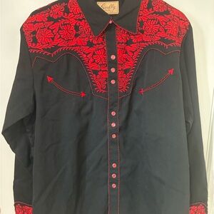 Scully embroidered top in fire engine red. Suitable 4 upcoming holiday banquets.